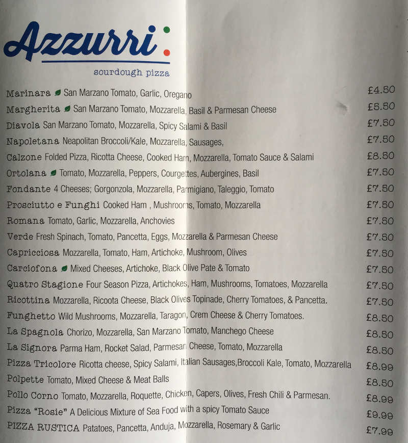 Pizza Menu for Azzurri Pizzeria Streatham Hill