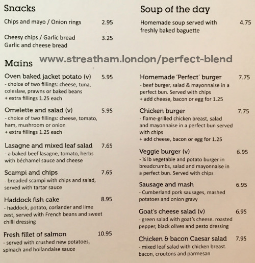 The lunch menu for Perfect Blend in Streatham Hill