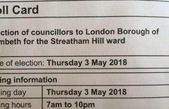 A poll card for the 2018 local council elections (Streatham Hill ward)