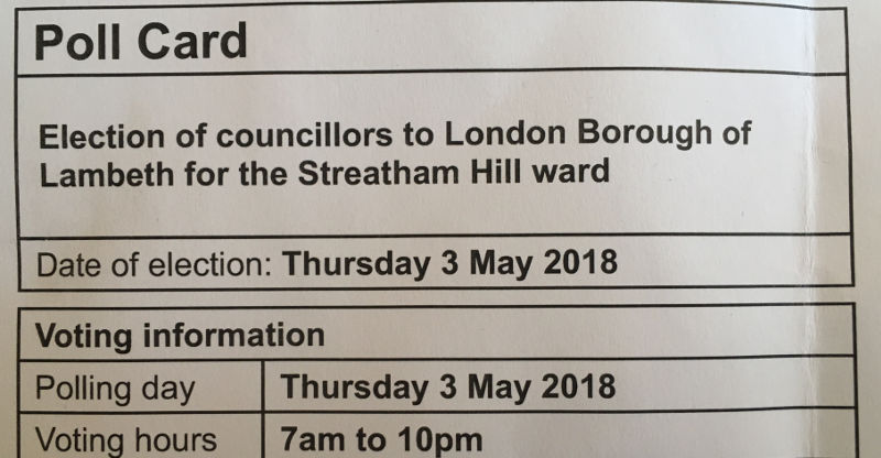 A poll card for the 2018 local council elections (Streatham Hill ward)