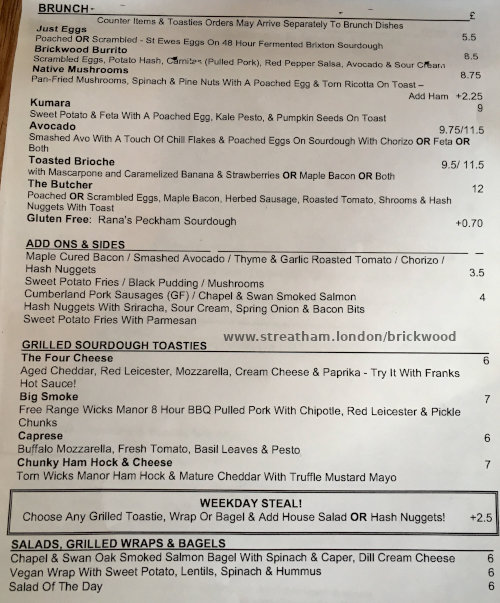 The brunch menu for Brickwood coffee shop in Streatham