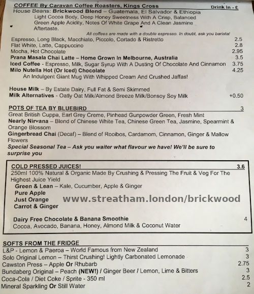 The drinks menu for Brickwood coffee shop in Streatham