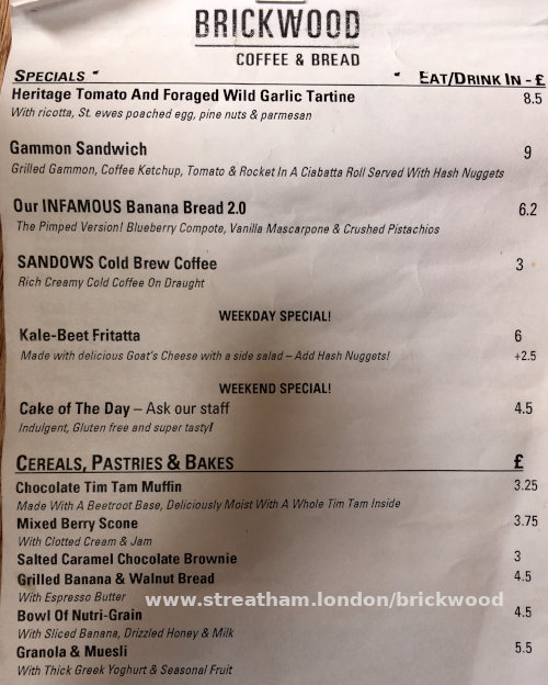 Food menu for Brickwood coffee shop in Streatham